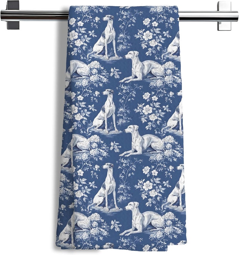 Nipil Greyhound Dog Gifts for Chinoiserie Floral Decor Kitchen Towels，Blue and White Greyhound Dog Grandmillennial Decorative Dish Tea Towels for Kitchen Bathroom,16x24 Inch - Image 1